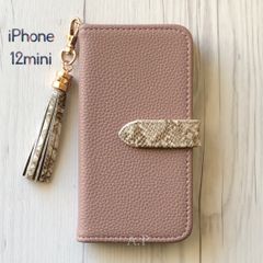 iPhone12mini ケース 手帳型★レザー調 モカピンク パイソン柄
