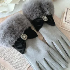 ビジュー&ベロアリボン　スマホ対応　グレー　手袋　クリスマス　プレゼント