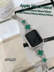 【新入荷】Applewatch クローバーラインストーンバンド　　シルバー×グリーン　緑