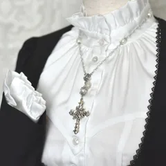 純白の儀式｜薔薇と十字架のロザリオ風ロングネックレス／ハンドメイド 病みかわいい メンヘラ 地雷系 ゴスロリ ゴシック レトロ 洋風 新品 ユニセックス ネックレス ワンポイント シルバー メンズ  メンヘラ 地雷系 サイバーパンク サブカル