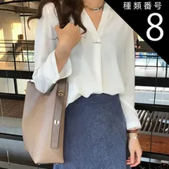 種類8：ブルー/2XL Vネック ボウタイ風 シフォン とろみ ブラウス トップス シャツ 白シャツ 袖あり 長袖 襟なし かわいい 大人可愛い きれいめ シンプル カジュアル 大人 上品 おしゃれ 大人女子 こなれ感 ラブリー クール モード系 エレガント 