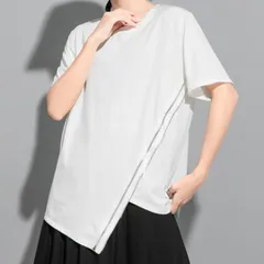 変形カットソー 白Tシャツ レディース 半袖 春夏 シンプル 丸首 コットン 綿 クルーネック アシンメトリー モード 韓国 ファッション オルチャン おしゃれ お洒落 かわいい 可愛い カジュアル 大人 こなれ感 ゆったり 大きめ 体型カバー Mサイズ