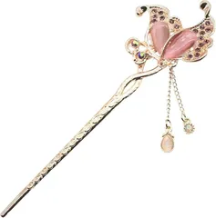 Miaomyao ミャオミャオ 簪 かんざし 一本 髪飾り 和装 留袖 キュービックジルコニア バタフライ フラワー 蝶 花 モチーフ ピンクゴールド ヘアアクセサリー(パープル,  ワンサイズ)