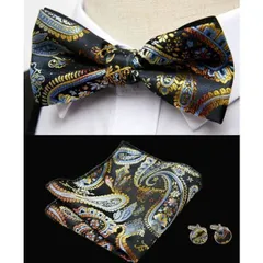 格安　3点セット 蝶ネクタイ　カフスチーフ ポケットチーフ 結婚式　発表会 イベント パーティー ダンスパーティー　卒業式　卒園式　入学式　入社式　父の日 　ワンタッチ　ブラック色　シルバー色　ゴールド色　ライトブルー色 ペイズリー柄 スーツ ワイシャツ 小物