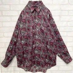 【入手困難】90s ヴィンテージ 日本製 総柄 アート デザインシャツ ボルドー 柄シャツ メンズ ポリシャツ Lサイズ