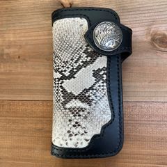 【ロングウォレット】 ブラック ダイヤモンドパイソン 手縫い 長財布 ハンドメイド シルバー 925 新品 蛇革 コンチョ メンズ レディース