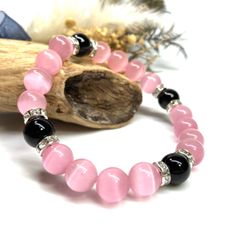 キャッツアイ(ピンク)×オニキス パワーストーン ブレスレット  (シルバー) メンズ・レディース　男性・女性　数珠ブレス 開運 [23]