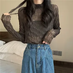 シアータートル シースルー レディース シアートップス ハイネック タートルネック カットソー メロウフリル フリルネック 透け感 肌見せ レース 長袖 トップス 春 夏 秋 お洒落 きれいめ こなれ感 上品 清楚 可愛い 薄手 重ね着HZQ4032