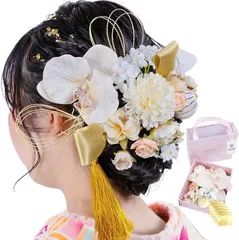 Puanela 髪飾り 成人式 和装 花 結婚式 卒業式 振袖 袴 胡蝶蘭 金箔シート 持ち運び BOX付(シャンパンxホワイト)