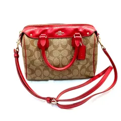 コーチ（COACH）ミニベネット サッチェルミニボストン　PVC　シグネチャー　ブラウン×レッド　ハンド＆ショルダーバッグ　F36702【中古】KB-9686