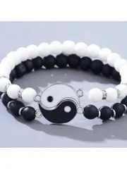 ジュエリー レディース ブレスレット セット 陰陽八卦デザイン ユニセックス ファッション ナチュラルストーンビーズブレスレットセット 2個組