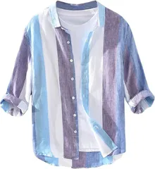 aspersio アスペルシオ 七分袖 ストライプシャツ 襟付き ボタンダウン ストリート系 オシャレ トップス メンズ カジュアルシャツ サラサラ 半袖 速乾 アウトドア 涼しい 開襟 プリント リゾート(ブルーストライプ,  XL)