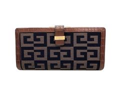 GIVENCHY ジバンシー ガマ口付き 2つ折り長財布 キャンバス×クロコ型押しレザー ブラウン ゴールド金具 ヴィンテージ 中古 財布 レディース 女性用 ブランド 本革 カーフ 茶色 希少 レア