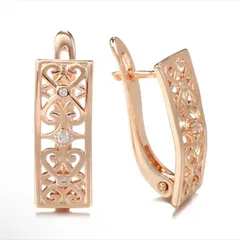 14KGP 透かし彫り スクエア 高級 小粒 ジルコン ローズゴールド ピアス