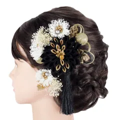 髪飾り 成人式 つまみ細工 玉飾り カスミソウ シフォンジョーゼット パールビーズ 房 ゴールド 振袖 前撮り 袴 花 葉 黒 ダー No.9-5540