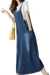 OJUMAH スカート レディース デニム サロペット ジャンパースカート ゆったり ロング ワンピース カジュアル 春 夏 秋( Aタイプ,  XL)