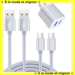 【匿名配送】アンドロイド スマホ充電器 コンセント 軽量 携帯充電器 USBケーブル コンパクト Type-C テレワーク ACアダプター USB2ポート 海外 2本付き【0.9M/1.8M】 シルバー 急速充電ケーブル 充電器【Ledライト付き/Pse認証済