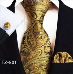 ネクタイ　ポケットチーフ カフスボタン　３点セット　ペイズリー柄　結婚式　発表会　七五三祝い パーティー イベント 卒業式 入学式 入社式　ゴールド ブラウン色　メンズネクタイ　チーフ　カフス　３点　セット　スーツ　ワイシャツ　格安　小物