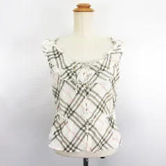 バーバリーブルーレーベル BURBERRY BLUE LABEL カットソー ノースリーブ ノバチェック フリル タック ペプラム ロゴ 麻混 38 アイボリー ※EKM