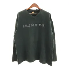 HARLEY DAVIDSON ハーレーダビッドソン ロゴ 刺繍 Vネック 長袖Ｔシャツ トップス バイク グリーン (メンズ X-LARGE) 中古 古着 Q0134