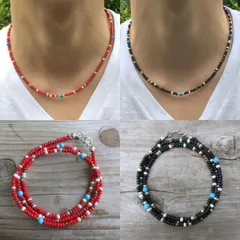 【2set】40cm ネイティブカラー ビーズネックレス Red&Black