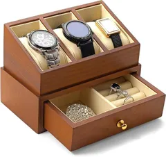 【在庫処分】Oirlv 時計ケース 木製 腕時計 ケース 3本 2段式 引き出し付き 時計収納ボックス 持ち運び 高級 おしゃれ 適格請求書に対応 X07301 (ベージュ)