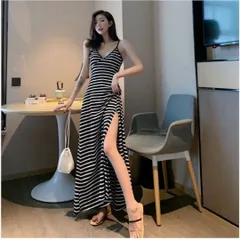 新品 未使用 夏 キャミワンピ Vネック ロングワンピ 背中出し 無地 Mサイズ ボーダー セクシー レディース 女性 シンプル お洒落
