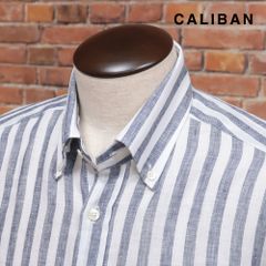 春夏/CALIBAN/40cm/清涼シャツ さっぱり麻 ストライプ ボタンダウン イタリア製 長袖 新品/白×紺/kc384/