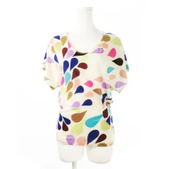 ツモリチサト TSUMORI CHISATO カットソー ニットソー Uネック 半袖 ウール 薄手 ストレッチ 切替 アシンメトリー プリント ラインストーン 総柄 しずく 2 ベージュ /CK8のサムネイル
