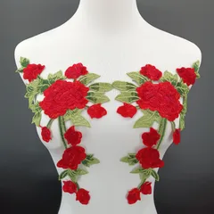 AZ381レッド　2枚ペア　お花モチーフレース　襟レース　刺繍レース　 新体操  衣装　社交ダンス　ドレス装飾　フィギュア衣装　レオタード装飾