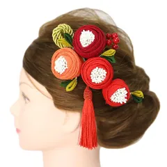 髪飾り 成人式 赤 振袖 前撮り 袴 花 2点セット オレンジ 橙色 ちりめん 組紐 縮緬 房 房付き 大きい かんざし レトロ 古典 定 No.12-0083