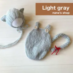 ライトグレー♪ねこ耳帽子としっぽ付きオーバーオール　ニューボーンフォト撮影衣装