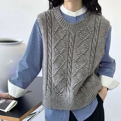 ニットベスト レディース ベスト 秋 冬 春 ケーブル編み 無地 ノースリーブ クルーネック トップス ニットウェア 重ね着 着回し ジレベスト シンプル カジュアル レイヤード 柔らかい ゆったり 20代 30代 iXfR132