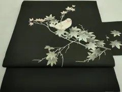 平和屋着物■極上　アンティーク　大正ロマン　塩瀬　九寸名古屋帯　手描き　枝花に小鳥　黒地　逸品　DZAA8588kh5