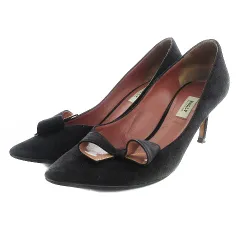 バリー BALLY スエードパンプス ポインテッドトゥ ピンヒール リボンモチーフ 無地 36 黒 ベージュ ブラック 靴 /TMM