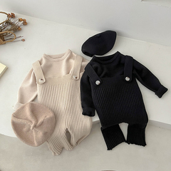 ニットロンパース2点セット　子供服 セットアップ ベビー服 ニット ニットセットアップ 女の子 男の子 ベージュ ブラック オシャレ かわいい ベビー キッズ 60 70 80 90 100 韓国 冬 春