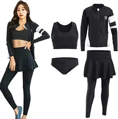 fplapine フィットネス 水着 レディース 体型カバー ラッシュガード4点セット スカート レギンス 長袖ラッシュパーカー UVカット 吸汗速乾( ブラック,  M)