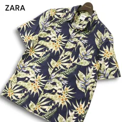 ZARA ザラ マン 現行タグ★ 春夏 総柄 トロピカル 花柄 フラワー 半袖 アロハ シャツ Sz.M メンズ 紺 ネイビー