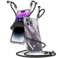 iPhone 14 Pro ケース クリア ショルダー iPhone14pro スマホケース アイフォン14pro カバー 肩掛け 斜めかけ 縄掛けケース 透明 薄型 軽量 TPU 携帯ケース 紐付き 斜めがけ 織りストラップ付き 長さ調整可能 取り外し可 0