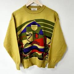 日本製(^w^)b DESTINARE UOMO ディスティナーレ ウオモ クルーネック ニットセーター トップス ウール アクリル 80s 90s ヴィンテージ アート デザイン レトロ オールド マスタードイエロー系 メンズ サイズM