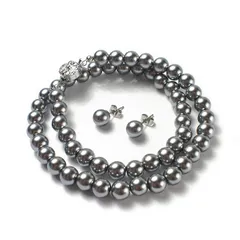【新着商品】自社生産 国産真珠 8mm珠 グレー 日本製 冠婚葬祭 セット 2点 巾着袋付 ピアスイヤリング ネックレス 選べる6サイズ パール COLLECTION] (シルバーブラックカラー) [CRANES