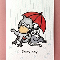 『ハシビロコウとワオキツネザルの雨の日☔️』イラストカード💌
