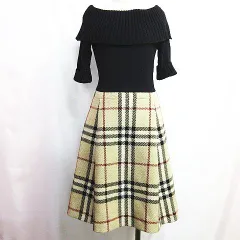 バーバリーブルーレーベル ドッキング ワンピース 切替 ウール ニット 厚手 膝丈 オフショルダー ノバチェック 38 Mサイズ ブラック×ベージュ系 BUEBERRY LONDON BLUE LABEL 三陽商会 レディース E195L