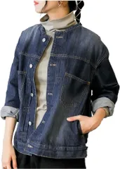 Crossmarbery(クロスマーベリー) デニムジャケット レディース ゆったり ブルゾン Gジャン ジージャン 暖かい ラウンドカラー 秋 冬 カジュアル ストリート 韓国 ファッション おしゃれ 大人 長袖 ショート丈(ネイビー,  L)