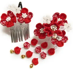 七五三 髪飾り 三歳 七歳 日本髪 つまみ細工 赤 花 2個セット 白 パッチン留め かんざし ちりめん ビラ お正月 髪型 ヘアスタ No.9-4120