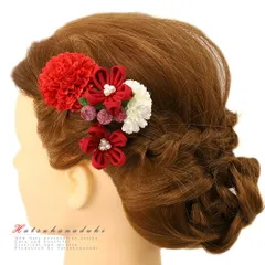 髪飾り 成人式 つまみ細工 赤 振袖 袴 浴衣 夏祭り 花火大会 3点セット 白 ちりめん パール ヘアアクセ かんざし 和装 着物 No.9-4153
