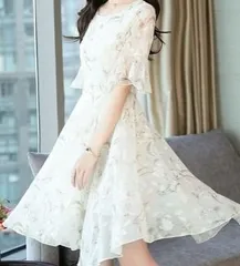 ワンピース 花柄 ホワイト LL ミニ丈 ドレス 半袖 デート 結婚式  ミニワンピース XL フレア ひざ丈 ホワイト レース 総柄  ワンピ ミニドレス パーティー 二次会 キャバ 2L  韓国風 　ミニワンピ　KPOP　white