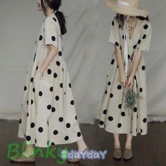 シャツワンピース レディース 麻?リネンドット柄 夏 ロング丈 半袖 シャツ 大きいサイズ ゆったり 体型カバー ロング 着痩せ カジュアル 上