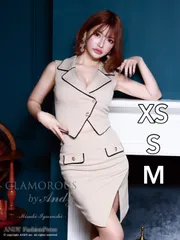 [GMS-V806-B-2403] ベージュ【GLAMOROUS by Andy / グラマラスバイアンディ】バイカラー/ パイピング/ ジャケット風/ 襟付き/ ボタン/ ノースリーブ/ タイト/ ミニドレス/ セットアップ/ キャバドレス/ ワンピース