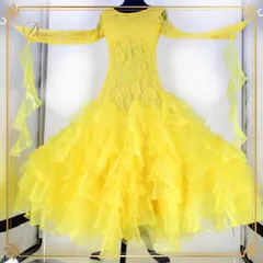 【美品 社交ダンス衣装】ドレス ワンピース パーティー 黄色 イエロー フロート 花柄 レース 派手 目立つ 長袖 透け感 伸縮性 胸パッド 花柄レース 二重スカート 踊る 揺れる フロート ダンス映え フェミニン レディース